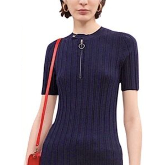 Maje Rib Knit Top Size 1 Navy Stretch O-Ring Zip Short Sleeve Mock Polo - Picture 1 of 6